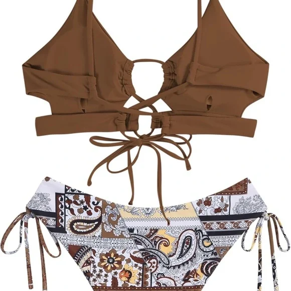 ZAFUL Women 2 Piece Swimsuit Spaghetti Strap Brazilian Bikini Lace Up High Cut - Picture 5 of 9